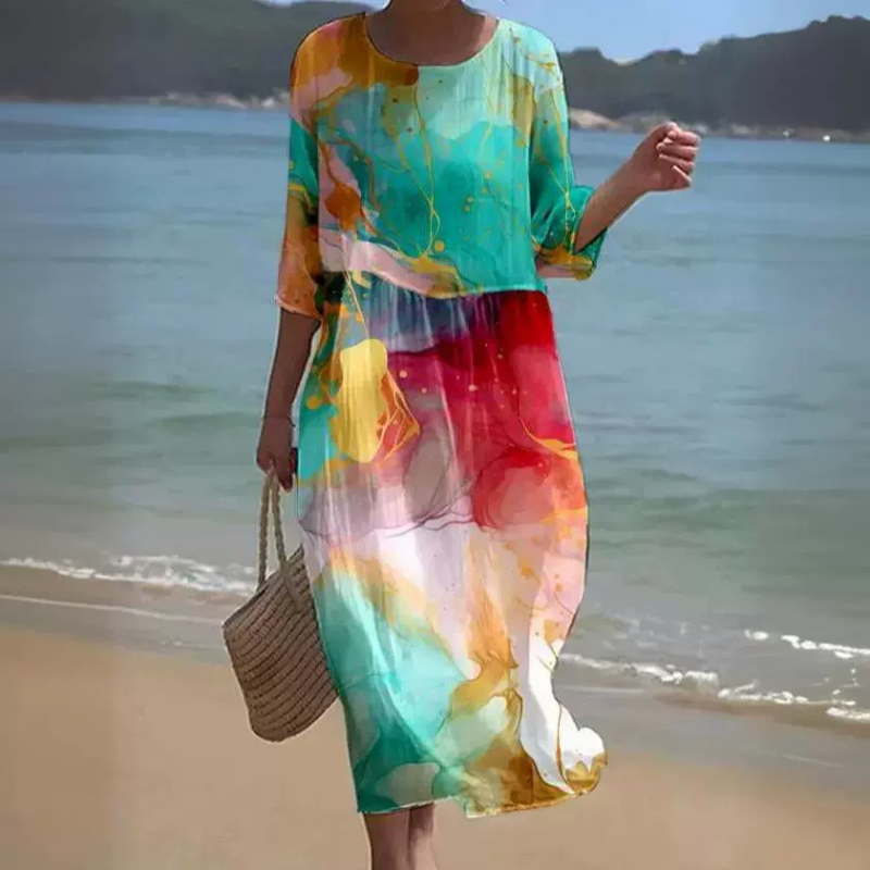 Prekogranična nova europska i američka vanjska trgovina za žene s okruglim izrezom i sedam točaka s rukavima, printom i šivanjem, duga haljina za praznike