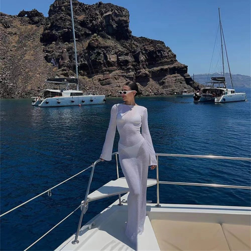 Rochie de plajă cu guler rotund, cu protecție solară, cu mânecă lungă și spate fără bretele 2023