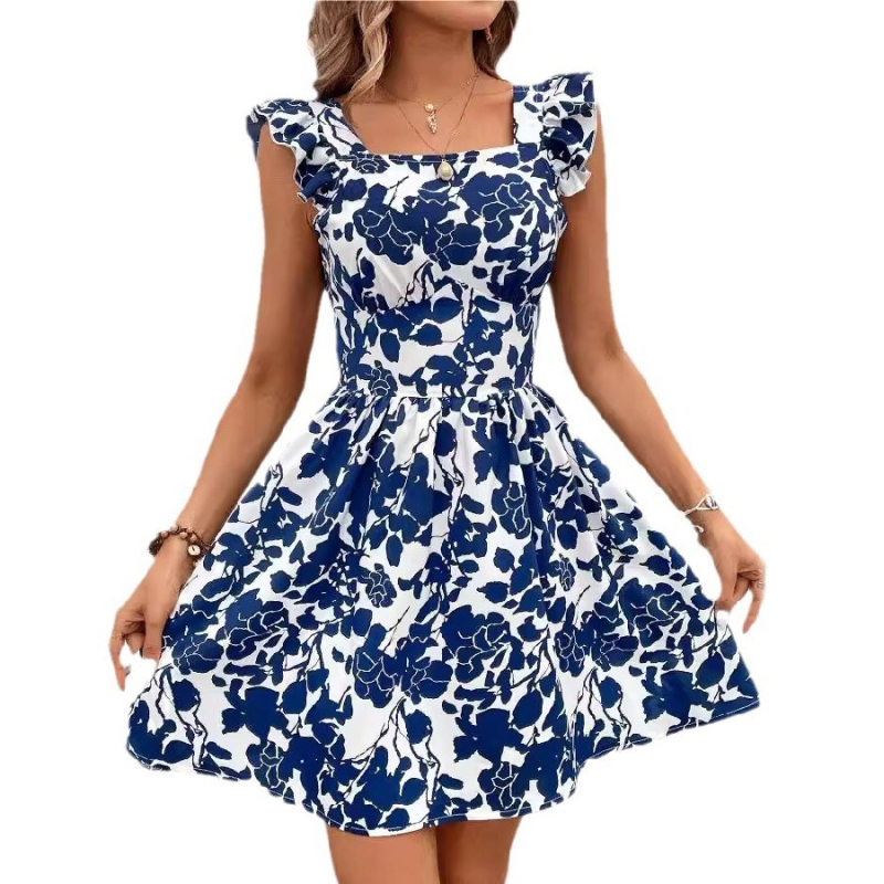 Prekogranična proljetno-ljetna VCAY ženska haljina s nabranim naramenicama i punim printom za proljeće i ljeto 2024.