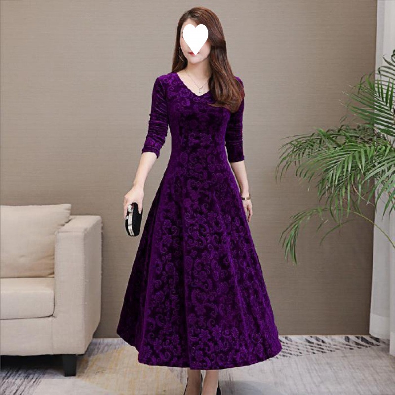 2024. aasta kevad- ja sügisene uue ema slim fit salendav suur seelik pluss-suuruses naiste kuldne sametist pikkade varrukatega kleit