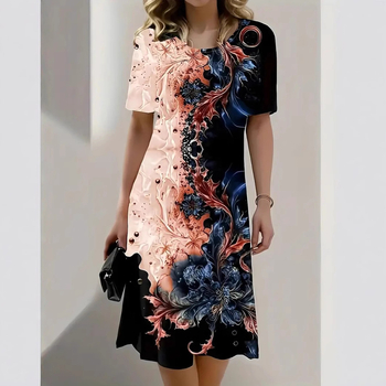 Amazon Europski i američki standardni kod Ljetni novi tiskani pulover s okruglim izrezom, ženska haljina kratkih rukava, Europske eksplozije