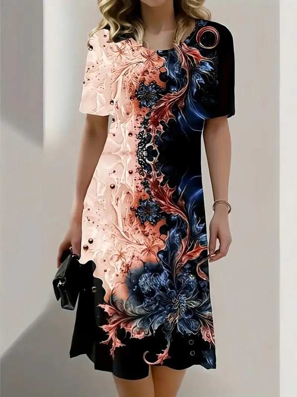 Amazon Europski i američki standardni kod Ljetni novi tiskani pulover s okruglim izrezom, ženska haljina kratkih rukava, Europske eksplozije