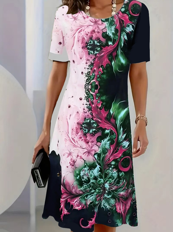 Amazon Europski i američki standardni kod Ljetni novi tiskani pulover s okruglim izrezom, ženska haljina kratkih rukava, Europske eksplozije