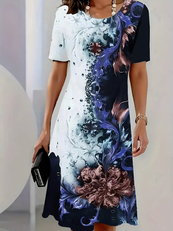 Amazon Europski i američki standardni kod Ljetni novi tiskani pulover s okruglim izrezom, ženska haljina kratkih rukava, Europske eksplozije