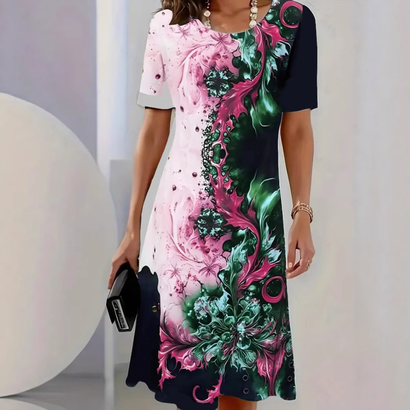 Amazon Europski i američki standardni kod Ljetni novi tiskani pulover s okruglim izrezom, ženska haljina kratkih rukava, Europske eksplozije