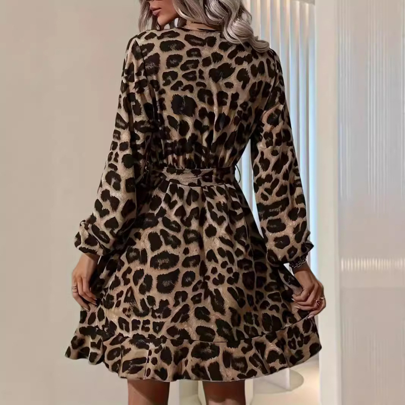 raktáron 2025 Határokon átnyúló, népszerű európai és amerikai leopárdmintás, V-nyakú, magas derekú, csipkés, szabálytalan női ruha, Amazon Explosions