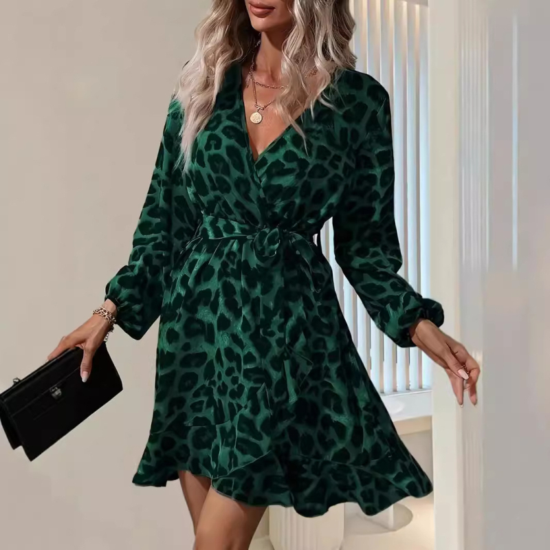 raktáron 2025 Határokon átnyúló, népszerű európai és amerikai leopárdmintás, V-nyakú, magas derekú, csipkés, szabálytalan női ruha, Amazon Explosions