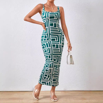 Prekogranična europska i američka ženska odjeća za jesen 2025., nova neovisna postaja Amazon AliExpress, haljina bez rukava s printom i U-ovratnikom