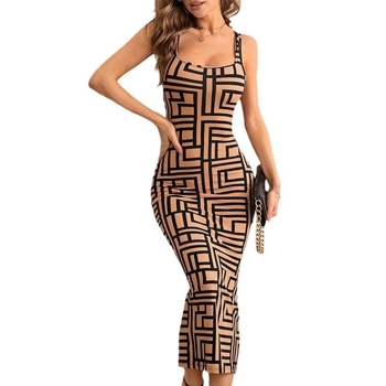 Prekogranična europska i američka ženska odjeća za jesen 2025., nova neovisna postaja Amazon AliExpress, haljina bez rukava s printom i U-ovratnikom