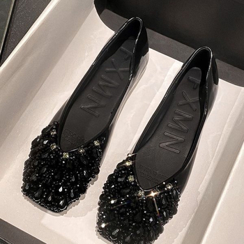 Γυναικεία παπούτσια γαλλικού στιλ με τετράγωνο κεφάλι και στρας, 2025, νέα ανοιξιάτικα γυναικεία παπούτσια, φλατ, μαλακά μπιζέλια, για μεγάλα μεγέθη, με μαλακό πάτο