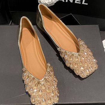 Γυναικεία παπούτσια γαλλικού στιλ με τετράγωνο κεφάλι και στρας, 2025, νέα ανοιξιάτικα γυναικεία παπούτσια, φλατ, μαλακά μπιζέλια, για μεγάλα μεγέθη, με μαλακό πάτο