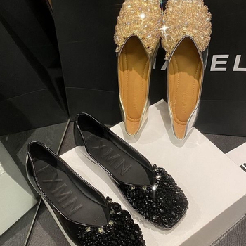 Γυναικεία παπούτσια γαλλικού στιλ με τετράγωνο κεφάλι και στρας, 2025, νέα ανοιξιάτικα γυναικεία παπούτσια, φλατ, μαλακά μπιζέλια, για μεγάλα μεγέθη, με μαλακό πάτο