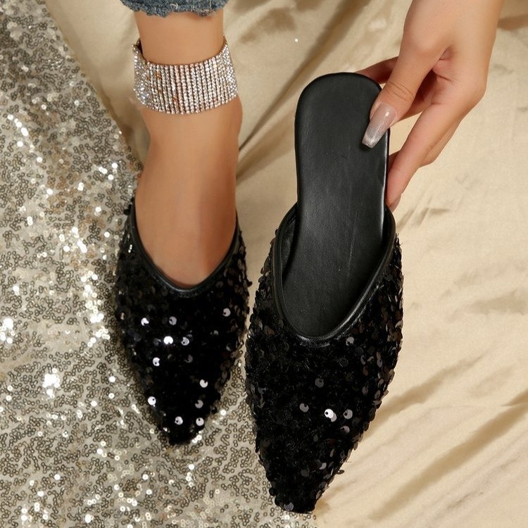 Sandale Baotou cu paiete, vara 2024, noi, Cyber Celebrant, îmbrăcăminte exterioară colorată, pentru femei, comerț exterior transfrontalier, papuci la modă, plati