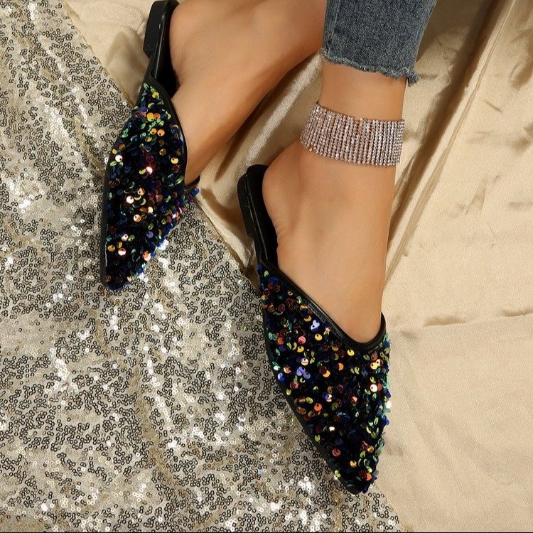 Sandale Baotou cu paiete, vara 2024, noi, Cyber Celebrant, îmbrăcăminte exterioară colorată, pentru femei, comerț exterior transfrontalier, papuci la modă, plati