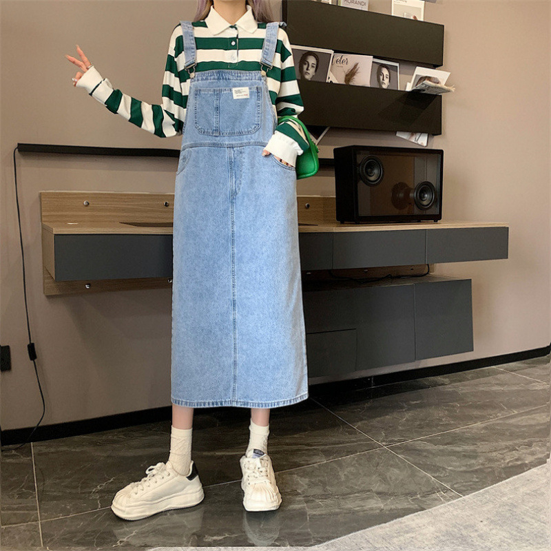 Dámske letné džínsové šaty Junpu s ramienkami v štýle College, voľné dlhé šaty s vysokým pásom pre bacuľaté dievčatá