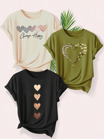 Set de 3 piese pentru femei, cu imprimeu leopard și dragoste la modă, tricou sport de vară casual, cu guler rotund, scurt