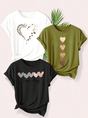 Set de 3 piese pentru femei, cu imprimeu leopard și dragoste la modă, tricou sport de vară casual, cu guler rotund, scurt