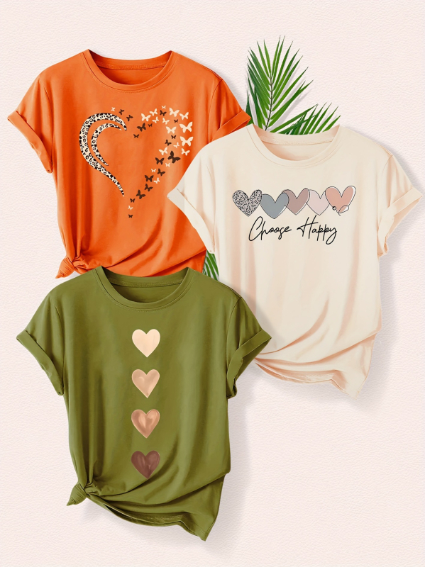 Set de 3 piese pentru femei, cu imprimeu leopard și dragoste la modă, tricou sport de vară casual, cu guler rotund, scurt