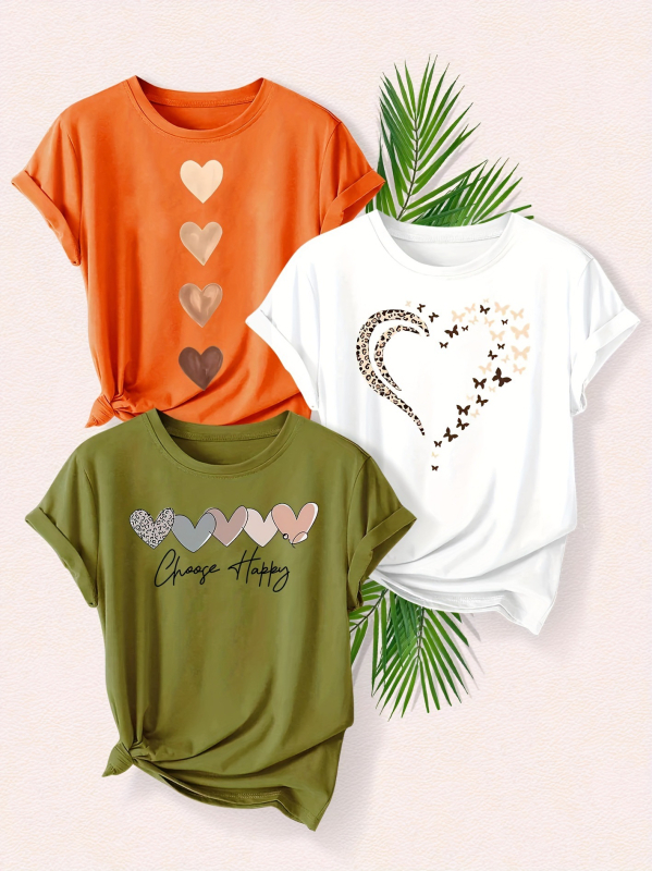 Set de 3 piese pentru femei, cu imprimeu leopard și dragoste la modă, tricou sport de vară casual, cu guler rotund, scurt