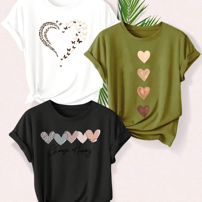 Set de 3 piese pentru femei, cu imprimeu leopard și dragoste la modă, tricou sport de vară casual, cu guler rotund, scurt