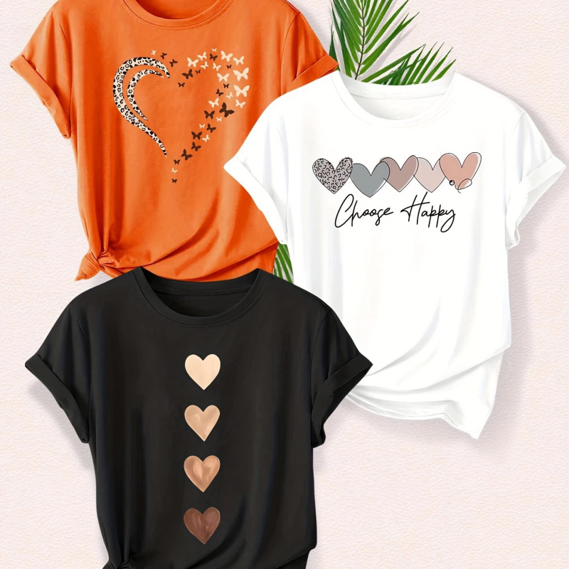 Set de 3 piese pentru femei, cu imprimeu leopard și dragoste la modă, tricou sport de vară casual, cu guler rotund, scurt