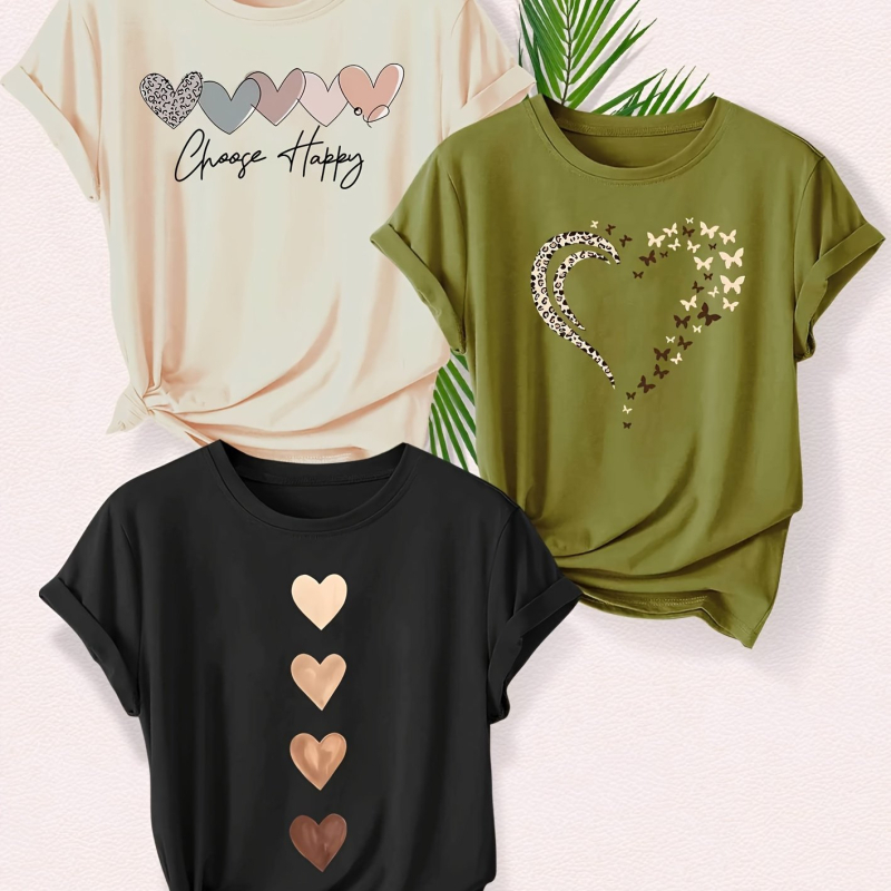 Set de 3 piese pentru femei, cu imprimeu leopard și dragoste la modă, tricou sport de vară casual, cu guler rotund, scurt