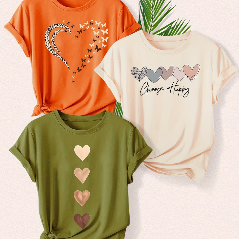 Set de 3 piese pentru femei, cu imprimeu leopard și dragoste la modă, tricou sport de vară casual, cu guler rotund, scurt