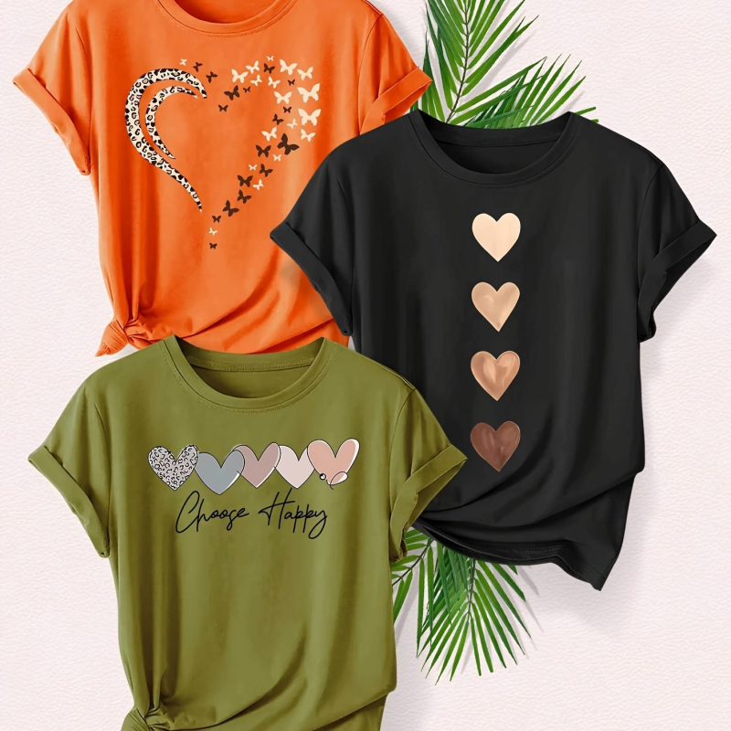 Set de 3 piese pentru femei, cu imprimeu leopard și dragoste la modă, tricou sport de vară casual, cu guler rotund, scurt