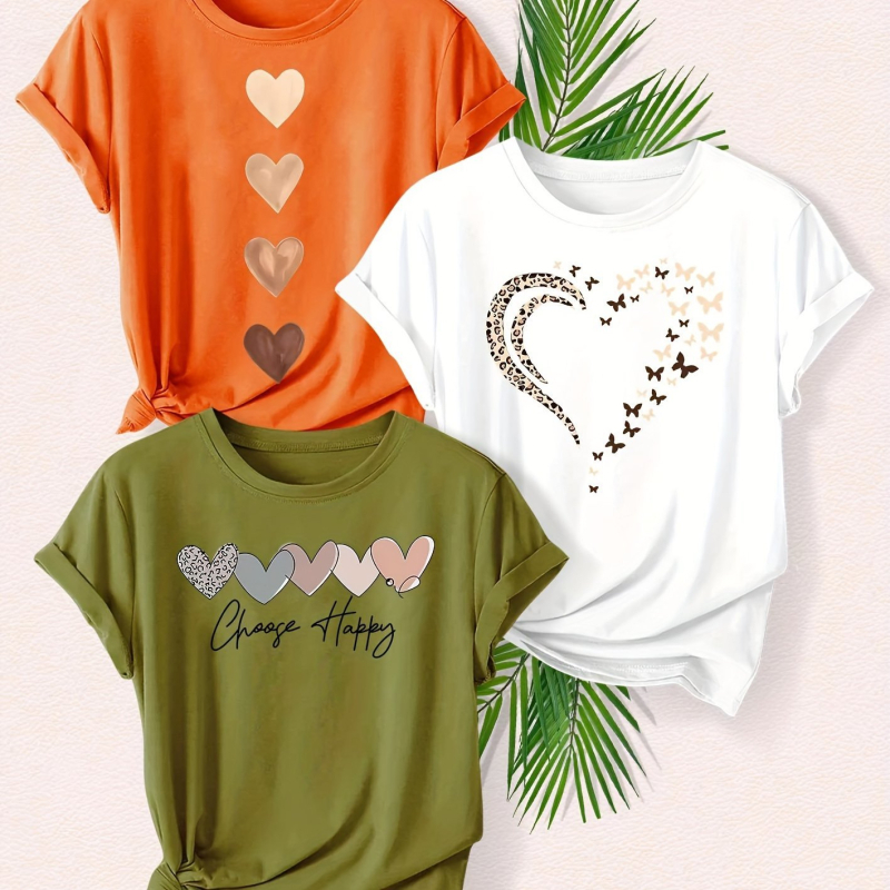 Set de 3 piese pentru femei, cu imprimeu leopard și dragoste la modă, tricou sport de vară casual, cu guler rotund, scurt