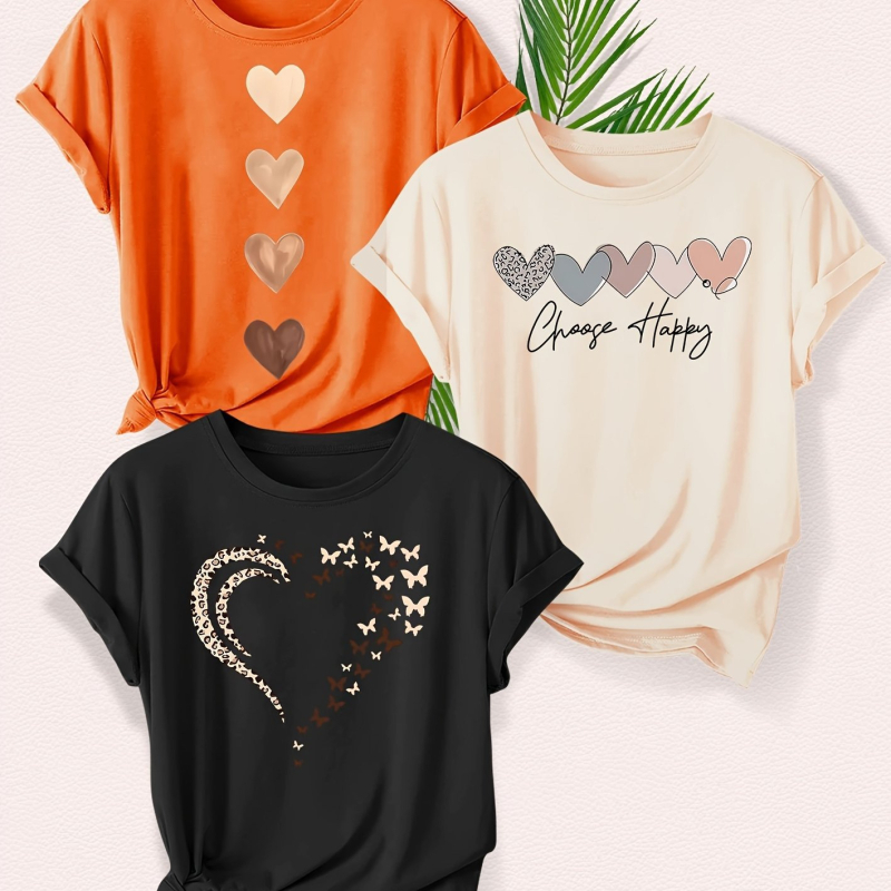 Set de 3 piese pentru femei, cu imprimeu leopard și dragoste la modă, tricou sport de vară casual, cu guler rotund, scurt