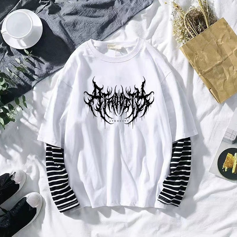 Veľkoobchod s letným topom 2022 s tmavou potlačou, kórejským voľným falošným dvojdielnym tričkom s dlhým rukávom pre ženy