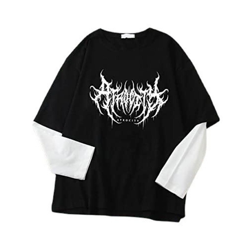 Veľkoobchod s letným topom 2022 s tmavou potlačou, kórejským voľným falošným dvojdielnym tričkom s dlhým rukávom pre ženy