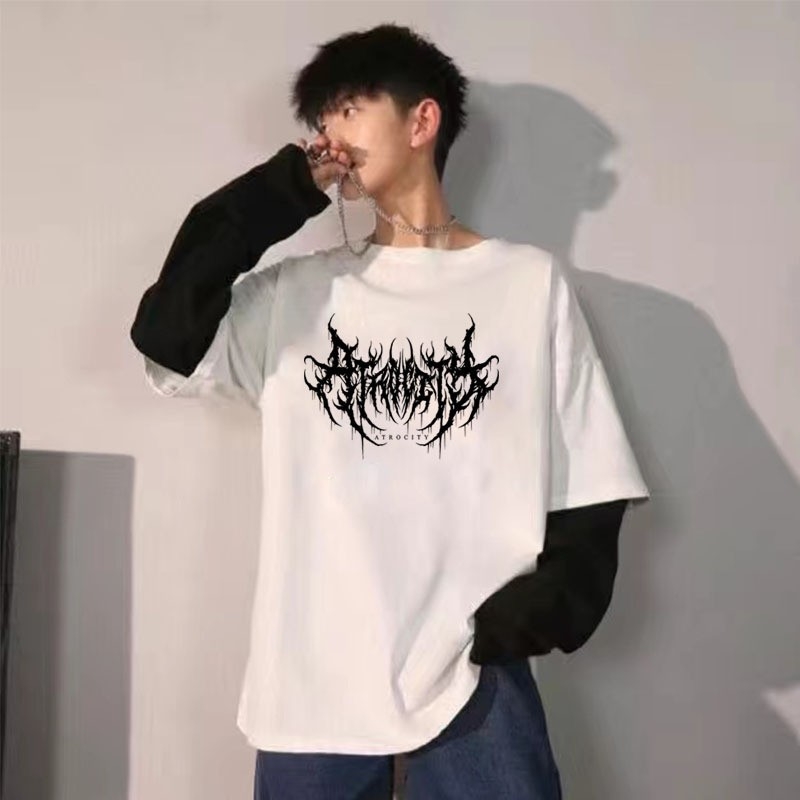 Veľkoobchod s letným topom 2022 s tmavou potlačou, kórejským voľným falošným dvojdielnym tričkom s dlhým rukávom pre ženy