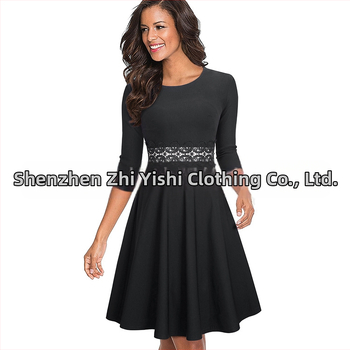 Jesen 2024. Nova haljina za ženu, europsku i američku, uskog kroja, s okruglim izrezom, rukavima u sedam točaka, čipkastim šavovima, A-oblika, velika haljina