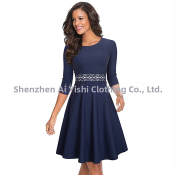 Jesen 2024. Nova haljina za ženu, europsku i američku, uskog kroja, s okruglim izrezom, rukavima u sedam točaka, čipkastim šavovima, A-oblika, velika haljina