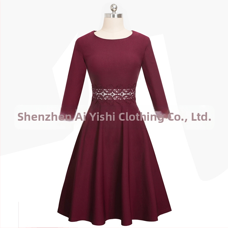 Jesen 2024. Nova haljina za ženu, europsku i američku, uskog kroja, s okruglim izrezom, rukavima u sedam točaka, čipkastim šavovima, A-oblika, velika haljina