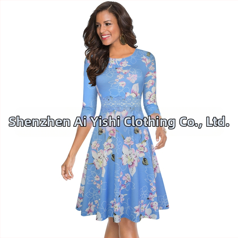 Jesenné šaty 2024, dámske európske a americké slim fit zoštíhľujúce šaty s okrúhlym výstrihom, sedembodovými rukávmi, čipkovaným prešívaním a veľkými rukávmi v tvare A