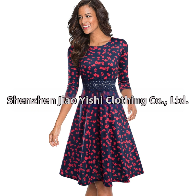 Jesenné šaty 2024, dámske európske a americké slim fit zoštíhľujúce šaty s okrúhlym výstrihom, sedembodovými rukávmi, čipkovaným prešívaním a veľkými rukávmi v tvare A