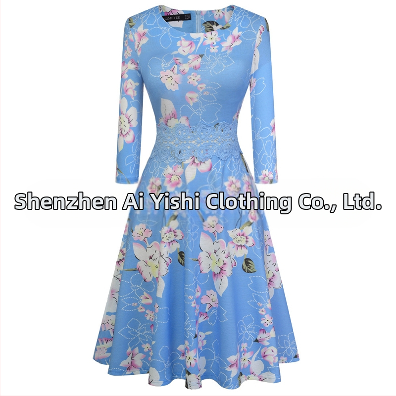 Jesen 2024. Nova haljina za ženu, europsku i američku, uskog kroja, s okruglim izrezom, rukavima u sedam točaka, čipkastim šavovima, A-oblika, velika haljina