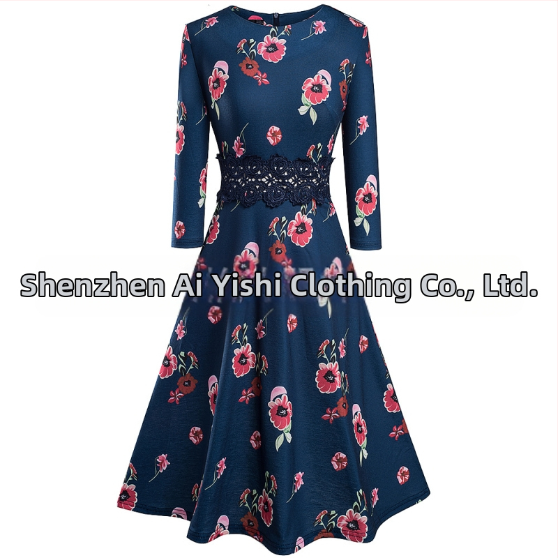 Jesen 2024. Nova haljina za ženu, europsku i američku, uskog kroja, s okruglim izrezom, rukavima u sedam točaka, čipkastim šavovima, A-oblika, velika haljina