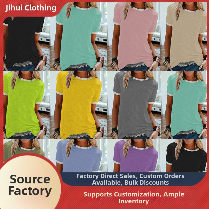 2024. Jednobojni službeni pulover sa slikom, ravni okrugli izrez, kratki rukavi, urbana ležerna osnovna košulja, majica kratkih rukava