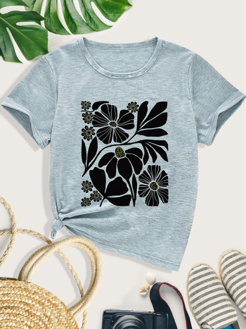 Sportska majica kratkih rukava s cvjetnim uzorkom, ležerna majica s okruglim izrezom, ženska sportska pamučna majica maslinasto zelene boje marelice