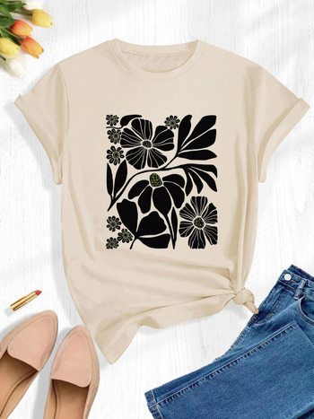Sportska majica kratkih rukava s cvjetnim uzorkom, ležerna majica s okruglim izrezom, ženska sportska pamučna majica maslinasto zelene boje marelice