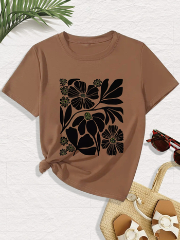 Sportska majica kratkih rukava s cvjetnim uzorkom, ležerna majica s okruglim izrezom, ženska sportska pamučna majica maslinasto zelene boje marelice