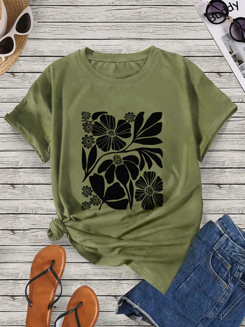 Sportska majica kratkih rukava s cvjetnim uzorkom, ležerna majica s okruglim izrezom, ženska sportska pamučna majica maslinasto zelene boje marelice
