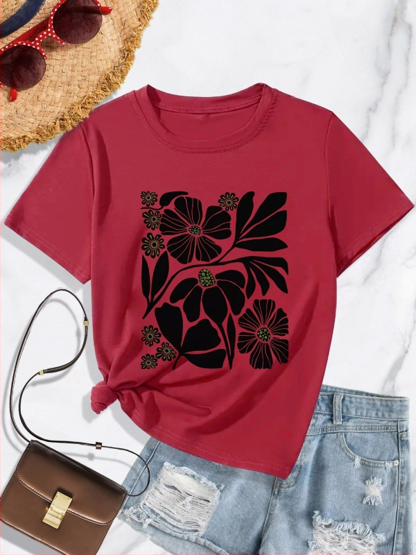 Dámske športové tričko s krátkym rukávom a kvetinovým vzorom, ležérny top s okrúhlym výstrihom, olivovo zelená marhuľová bavlna