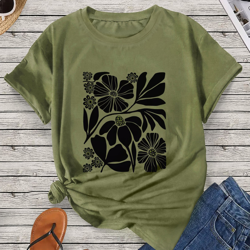 Sportska majica kratkih rukava s cvjetnim uzorkom, ležerna majica s okruglim izrezom, ženska sportska pamučna majica maslinasto zelene boje marelice