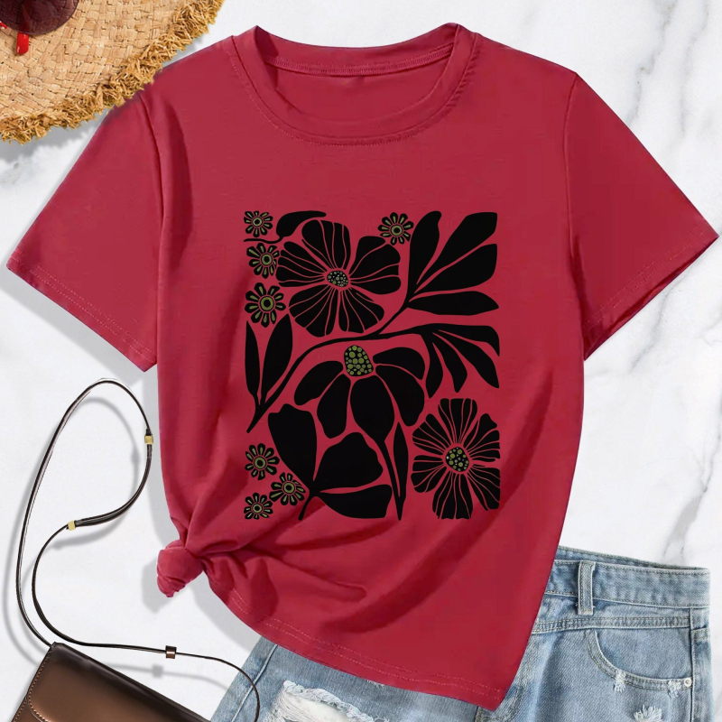 Sportska majica kratkih rukava s cvjetnim uzorkom, ležerna majica s okruglim izrezom, ženska sportska pamučna majica maslinasto zelene boje marelice