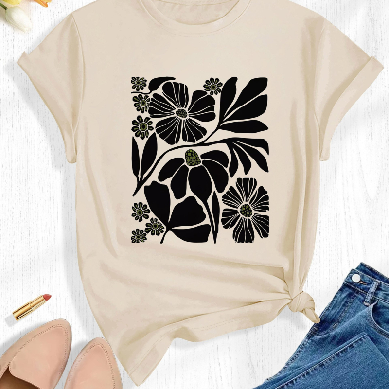 Sportska majica kratkih rukava s cvjetnim uzorkom, ležerna majica s okruglim izrezom, ženska sportska pamučna majica maslinasto zelene boje marelice