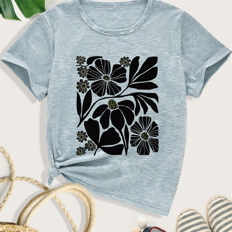 Sportska majica kratkih rukava s cvjetnim uzorkom, ležerna majica s okruglim izrezom, ženska sportska pamučna majica maslinasto zelene boje marelice